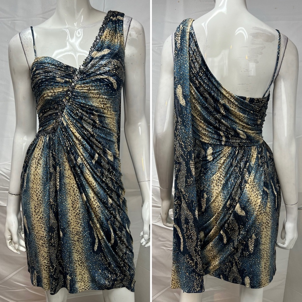 Morrell Maxie Women’s 2 Embellished Blue/Tan Snake Jersey Grecian Ruched Dress
